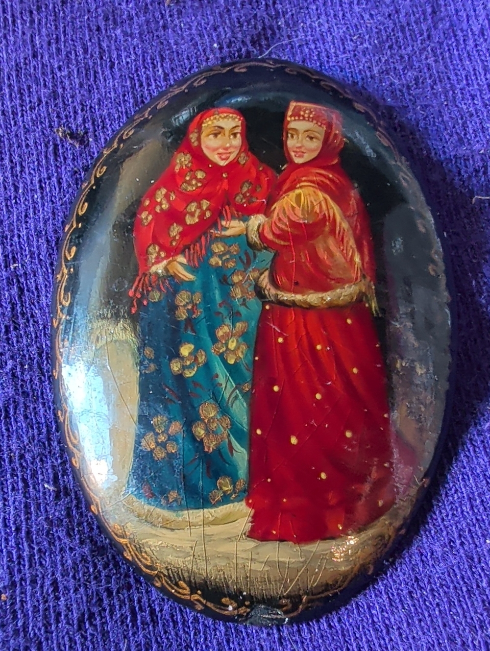 Unique Vintage Red and Teal Hand-Painted Lacquer Brooch